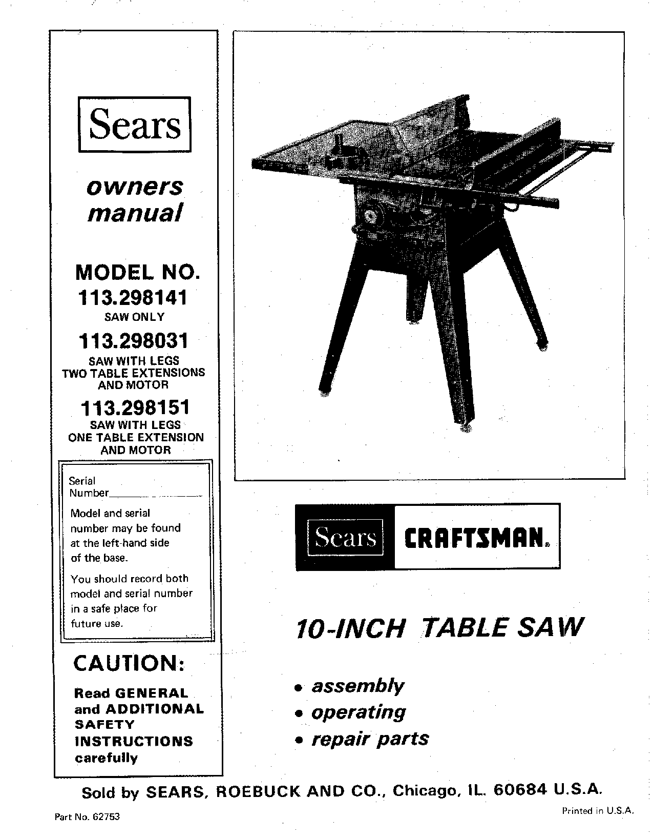 Craftsman 113298141, 113298031 Owner’s Manual
