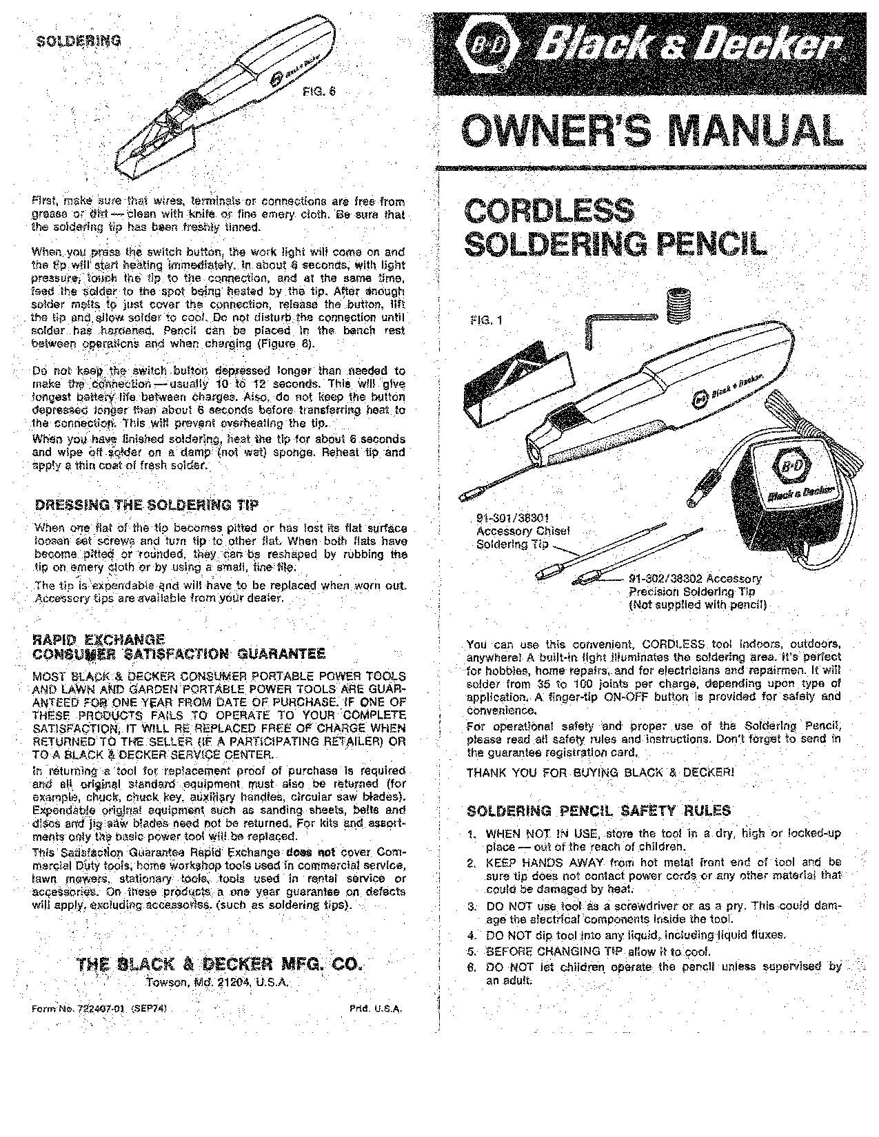 Black & Decker 722407-01, 91-302, 91-301, 38301, 38302 User Manual