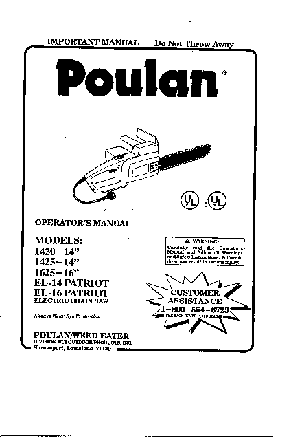 Poulan 1420, 1420-952801952, EL-14, 1425, EL-16 User Manual
