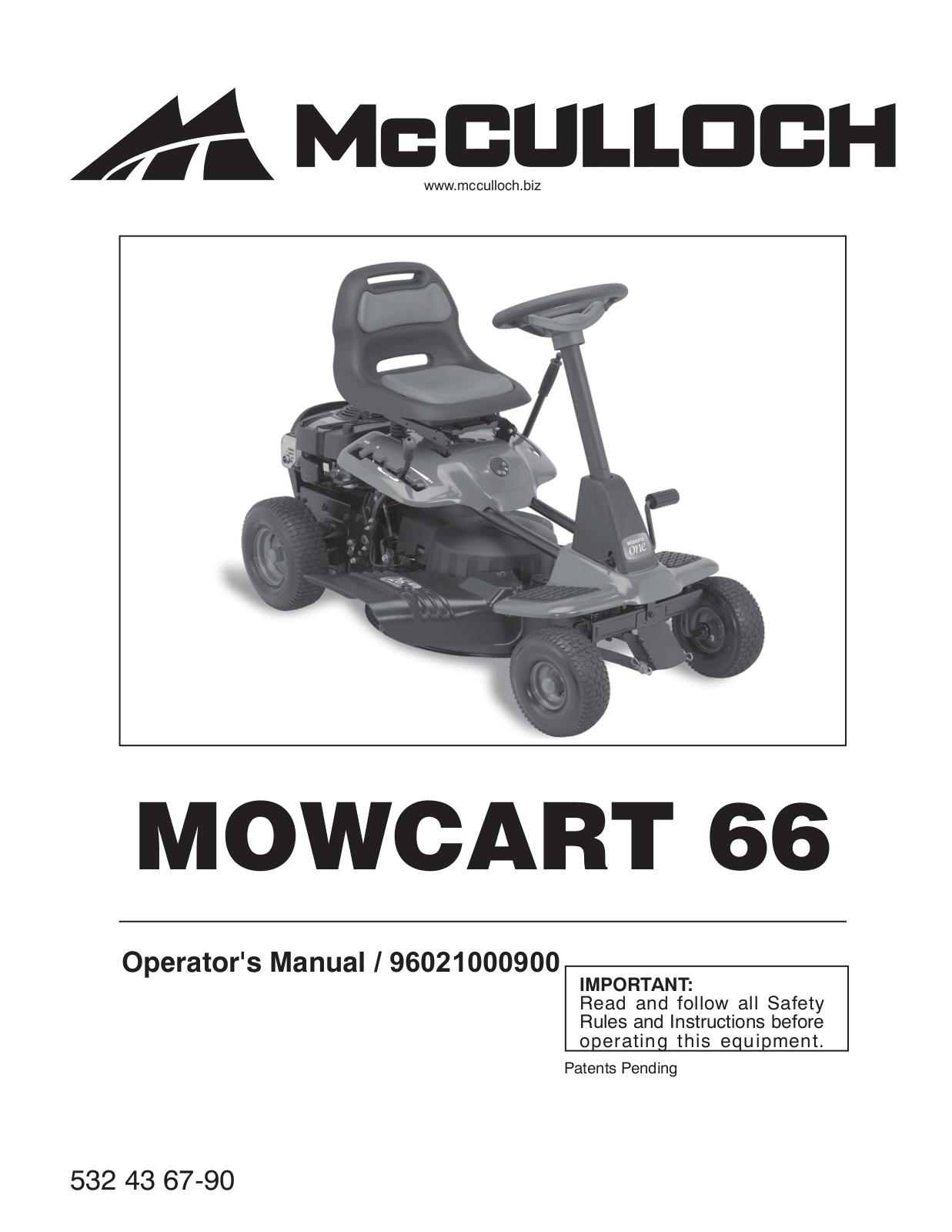 McCulloch 96021000900, 532 43 67-90, MOWCART 66 User Manual