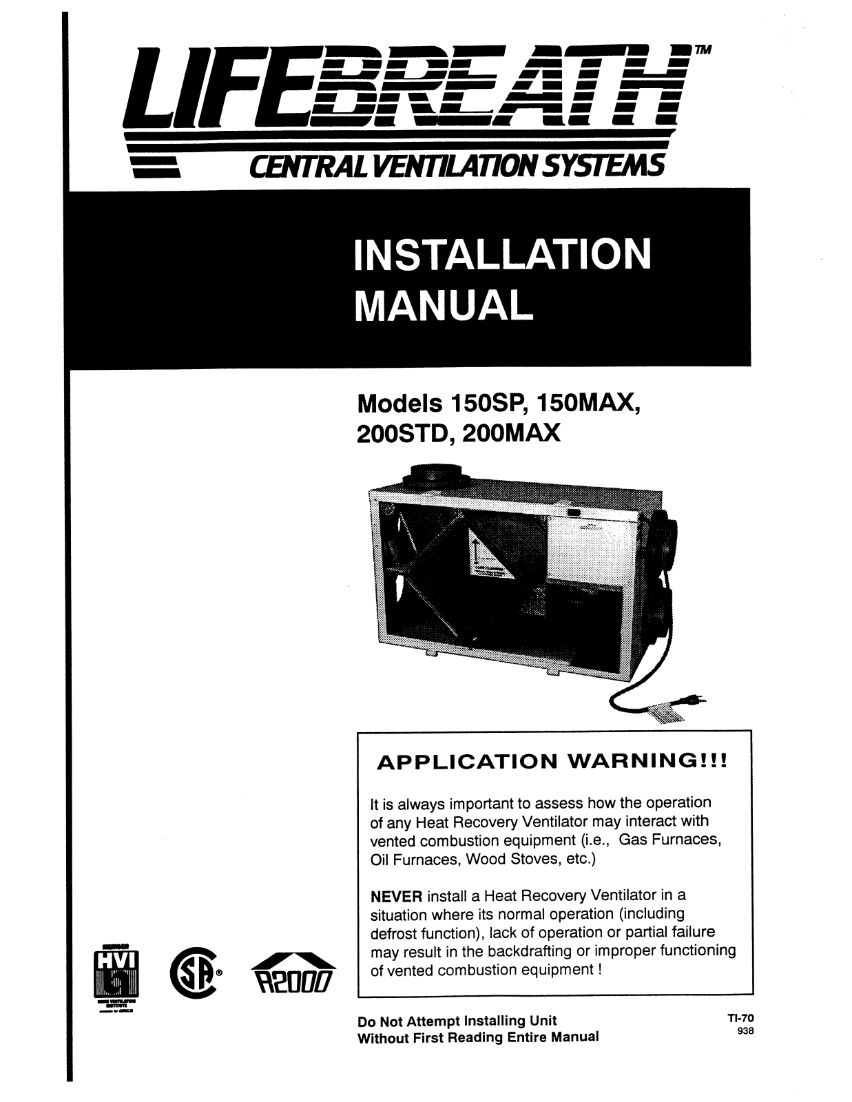 Lifebreath 150SP, 200STD, CONTROLAIR 15, 150MAX User Manual