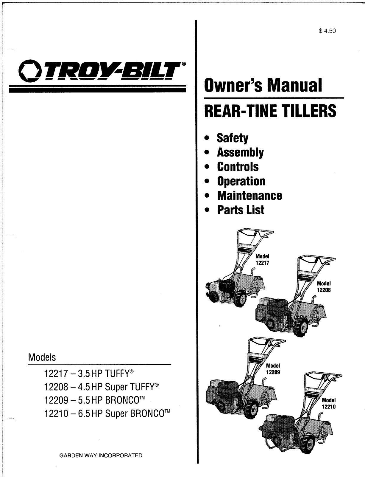 Troy-Bilt 12217, 12227-3.75HP, 12227, 12217-3.5HP, 12208-4.5HP User Manual