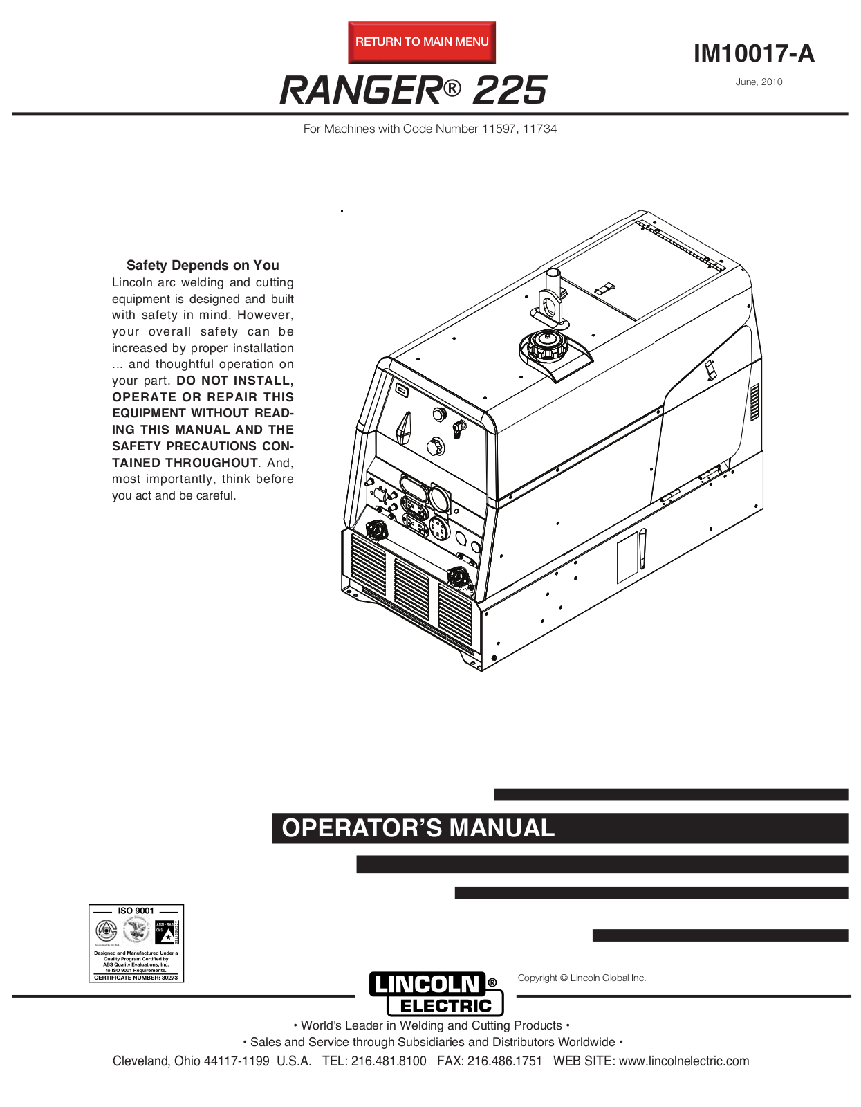 Lincoln Electric RANGER 225 User Manual