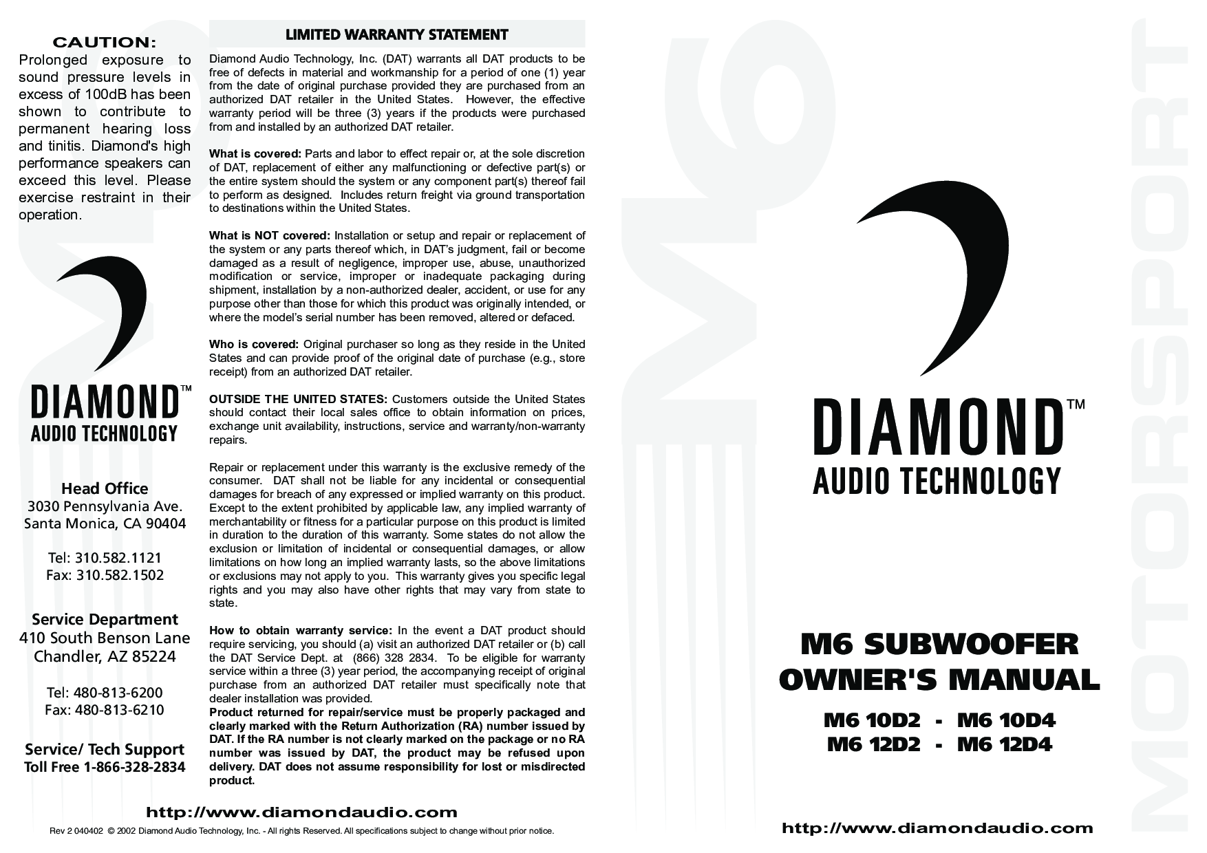 Diamond Audio Technology M6 12D4, M6 12D2, M6 10D2, M6 10D4 User Manual