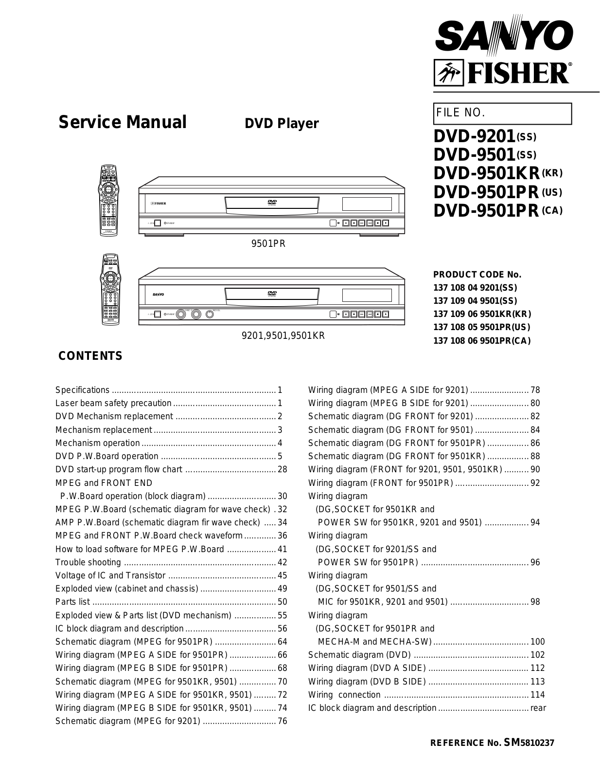 Sanyo DVD-9201, DVD-9501KR, DVD-9501, DVD-9501PR User Manual