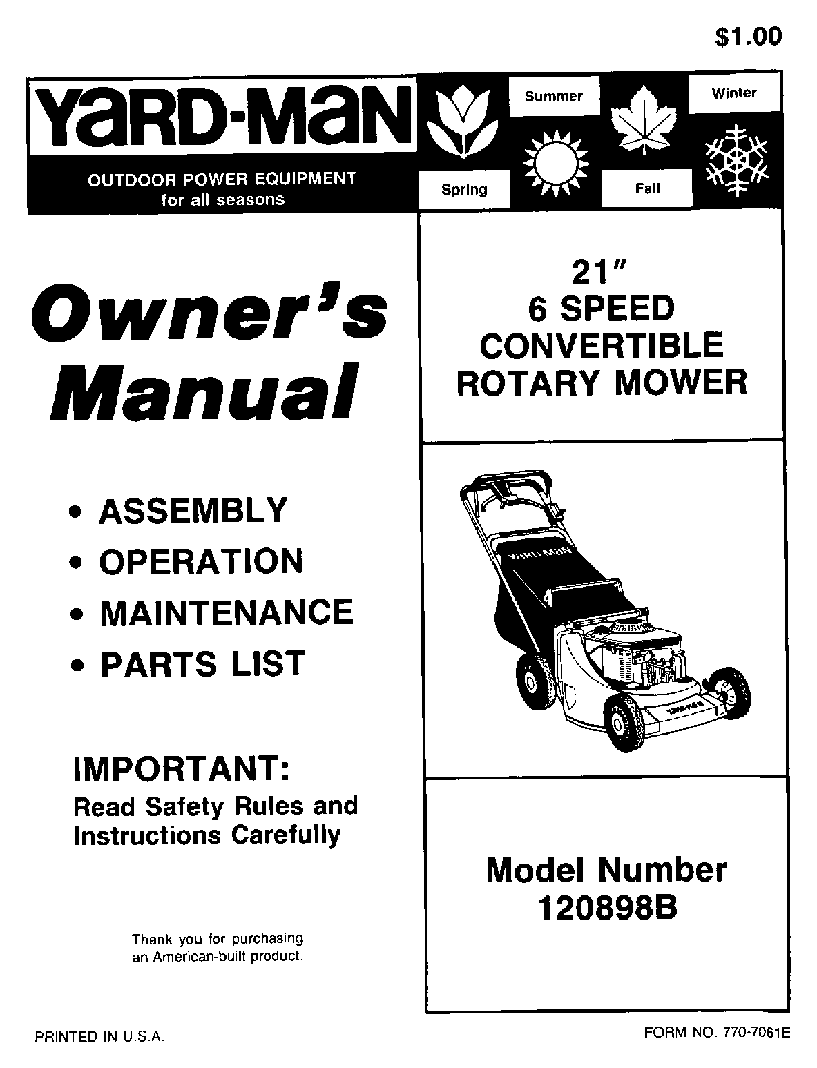 Yard-Man 120898B User Manual