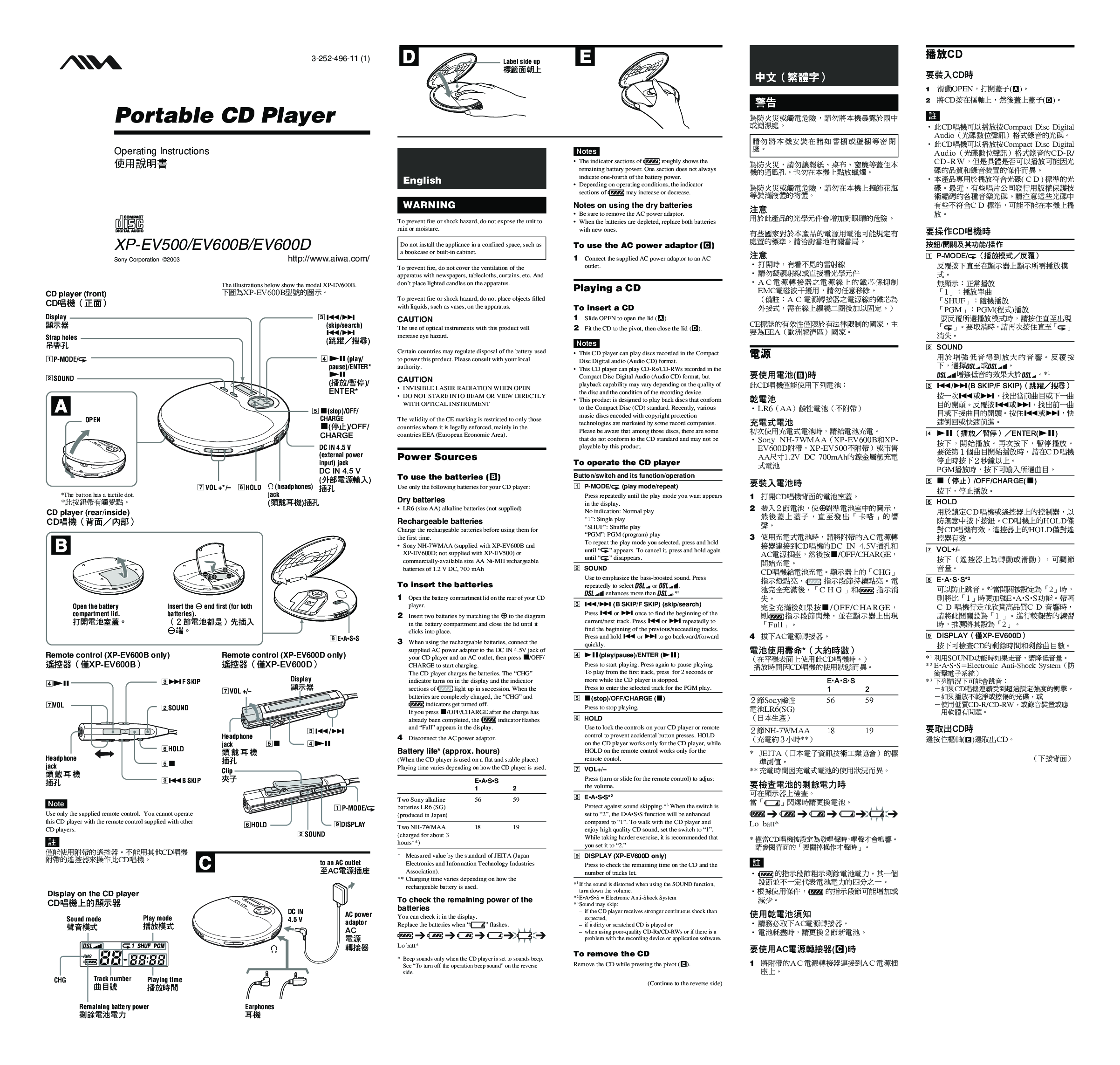Aiwa XP-EV500, EV600D, EV600B User Manual