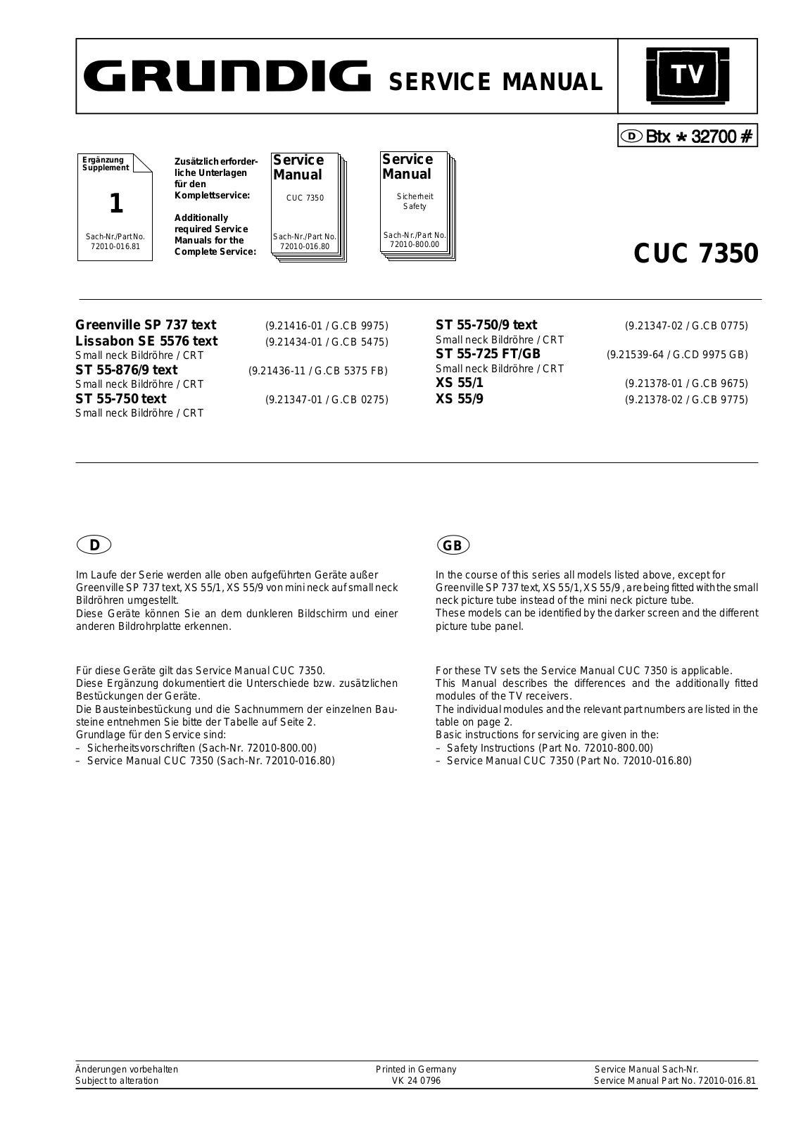 Grundig ST 55-750, ST 55-876-9, ST 55-725 FT-GB, Lissabon SE 5576, ST 55-750-9 Service Manual