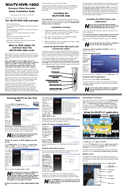 Hauppauge Wintv Hvr Quick Installation Guide