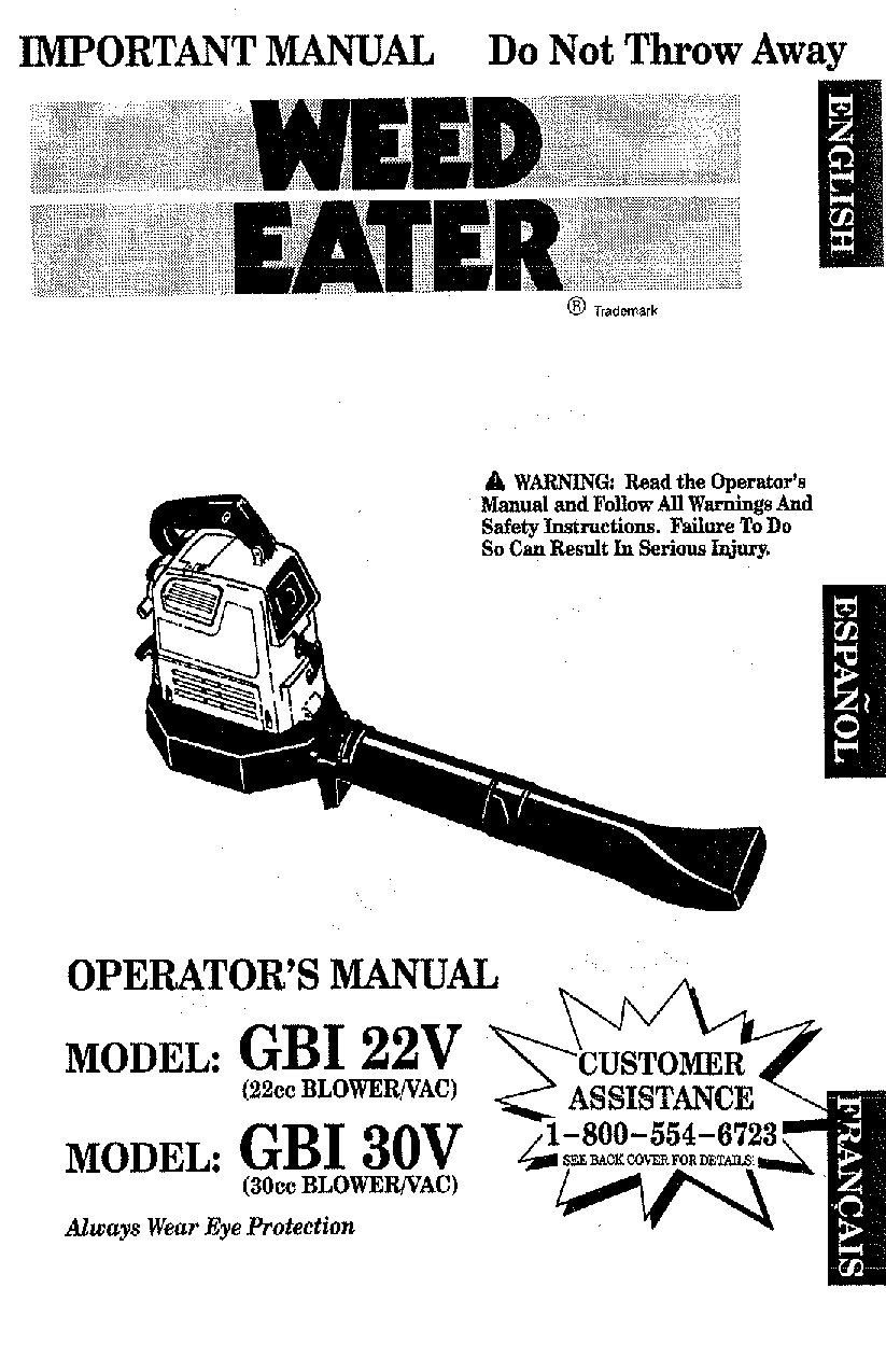 Weed Eater GBI 30V, GBI 22V User Manual