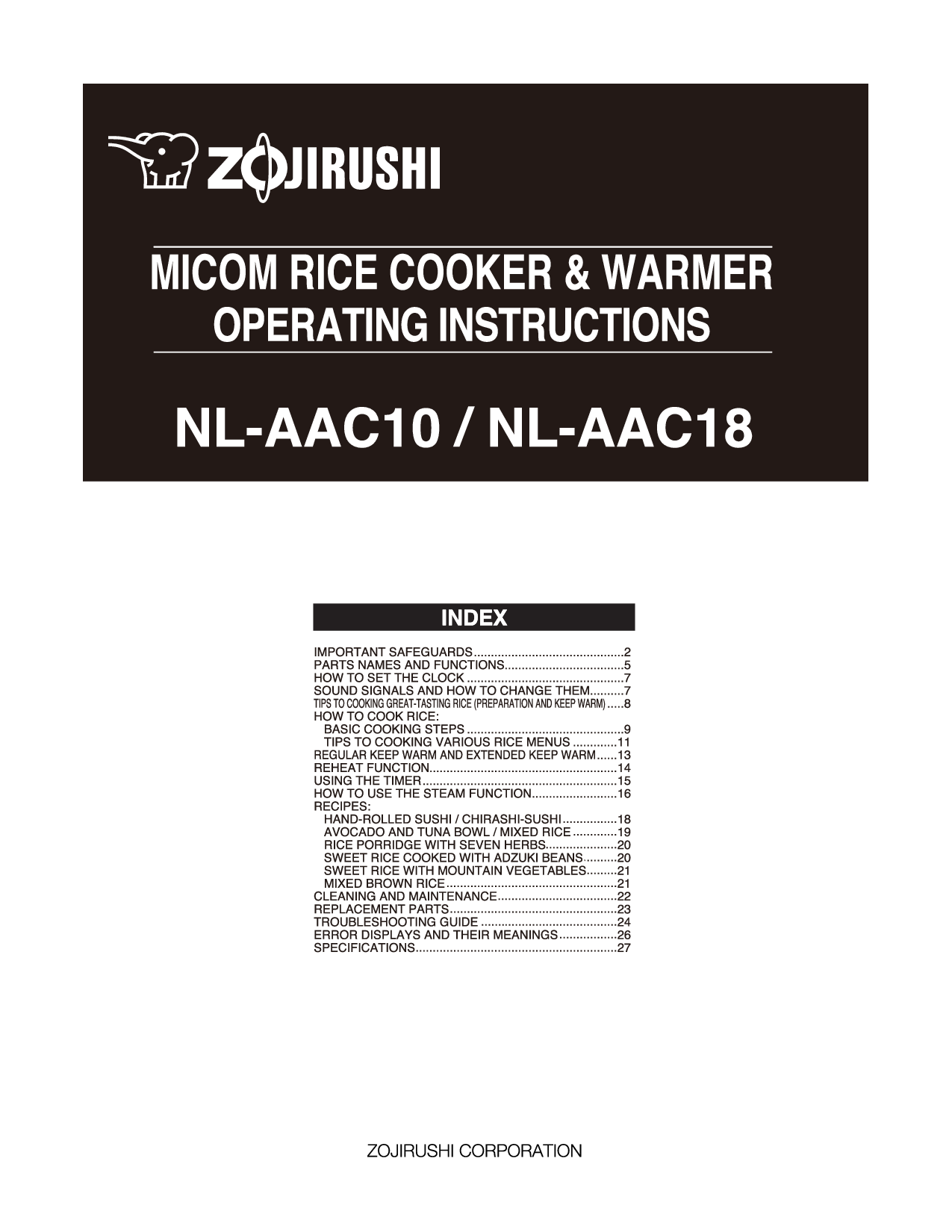 Zojirushi NL-AAC18, NL-AAC10 User Manual