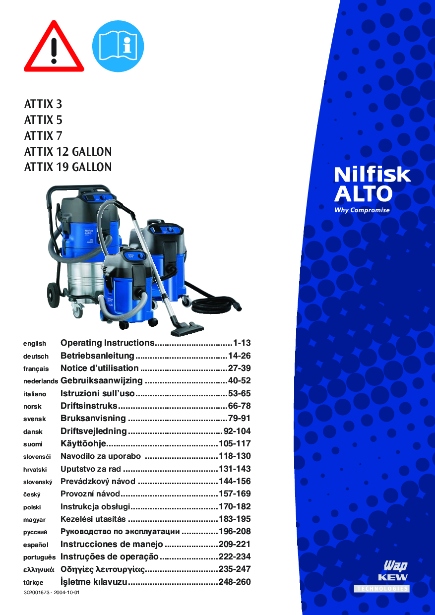 Nilfisk ATTIX 12 Gallon, ATTIX 5, ATTIX 3, ATTIX 19 Gallon, ATTIX 7 User Manual
