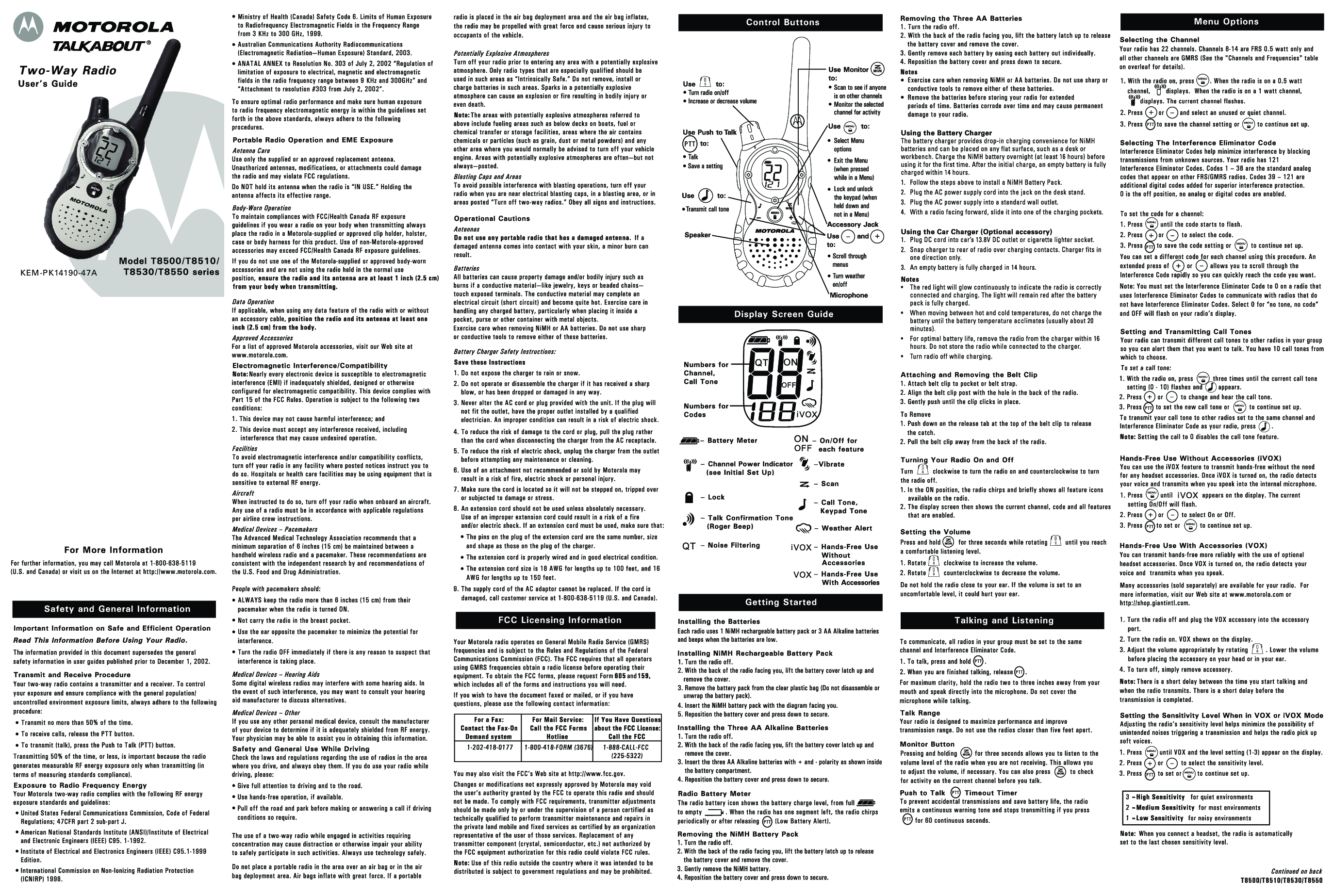 Motorola T8530, KEM-PK14190-47A, T8550 User Manual