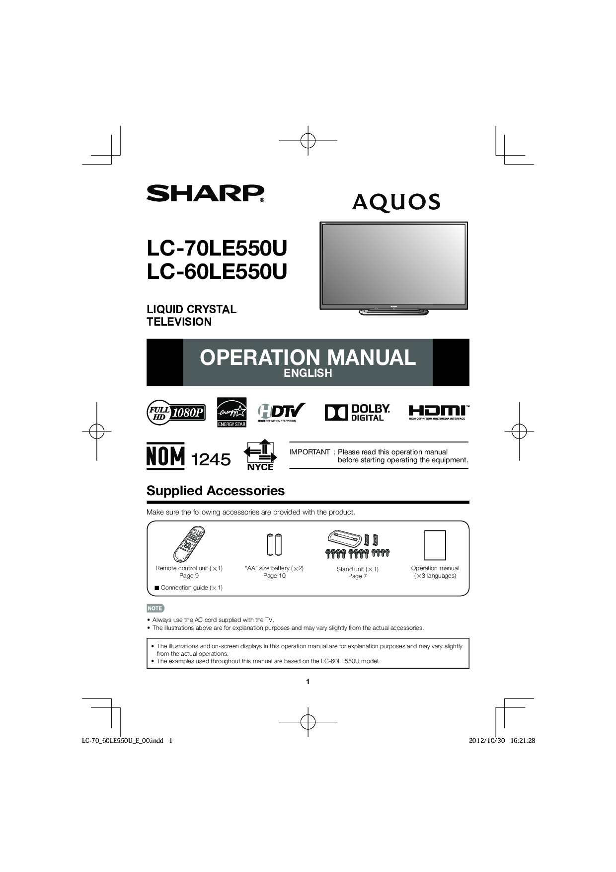 Sharp LC-70LE550U, LC60LE550U User Manual