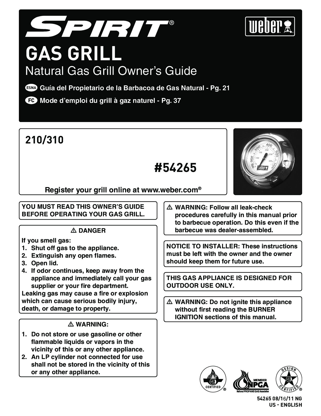 Weber Spirit Natural Gas Grill, 54265 User Manual