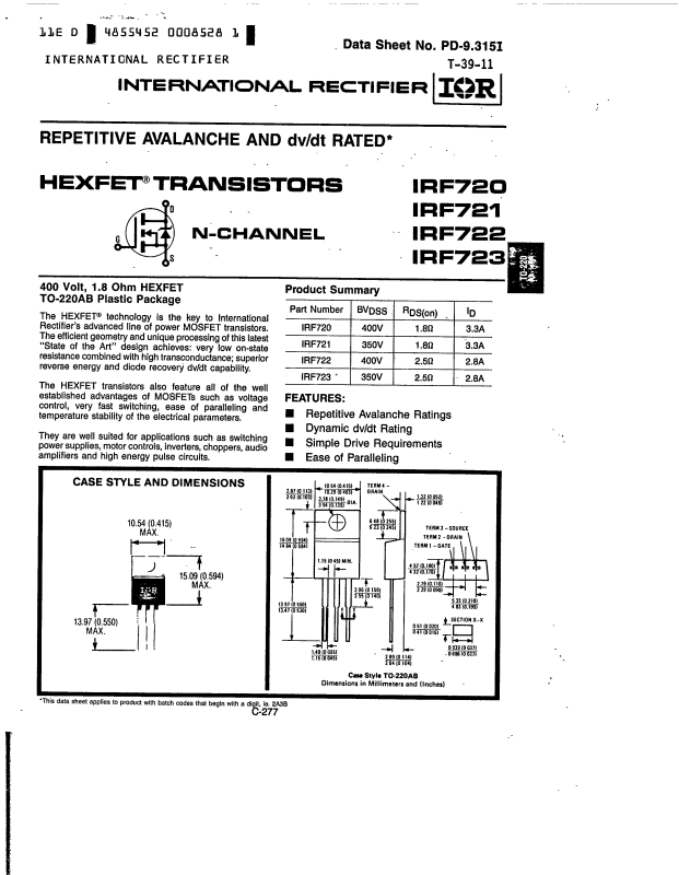 International Rectifier IRF723 IRF722 IRF721 IRF720 Datasheet