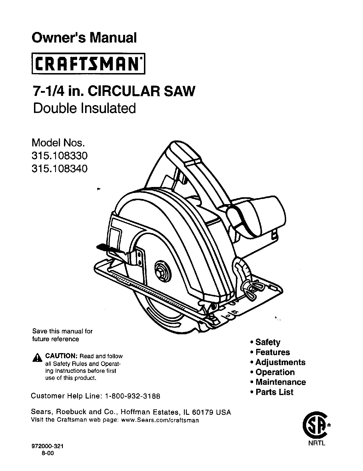 Craftsman 315.10833, 315.10834 User Manual