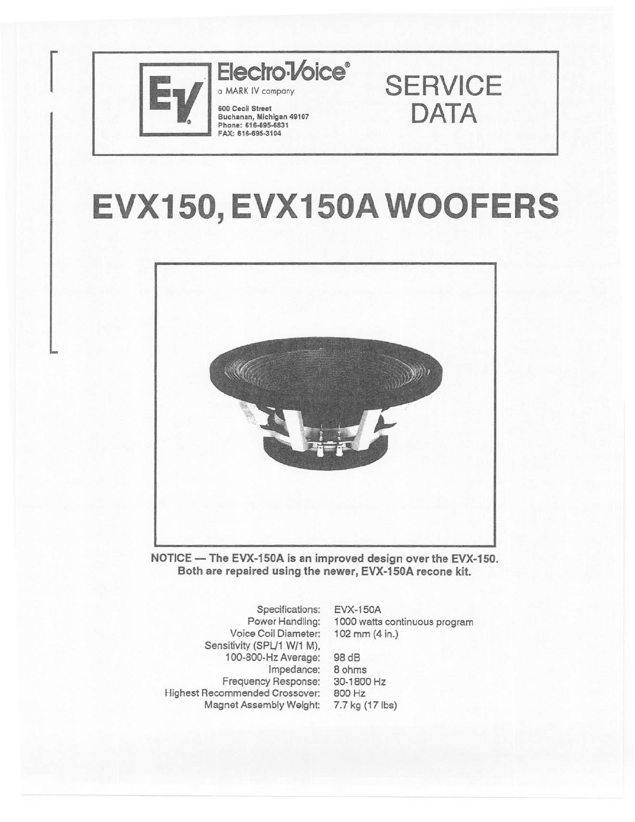 Electro-Voice EVX150 User Manual