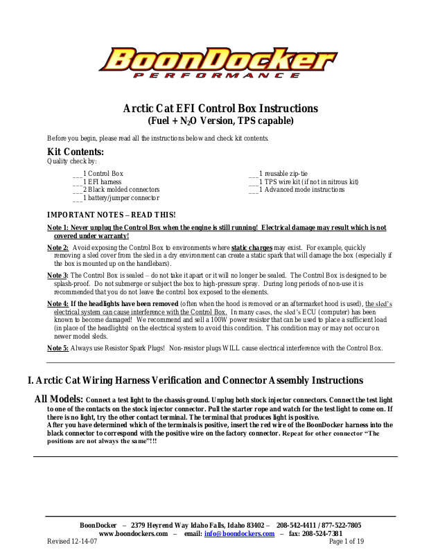 Boondocker Non Turbo Control Box User Manual