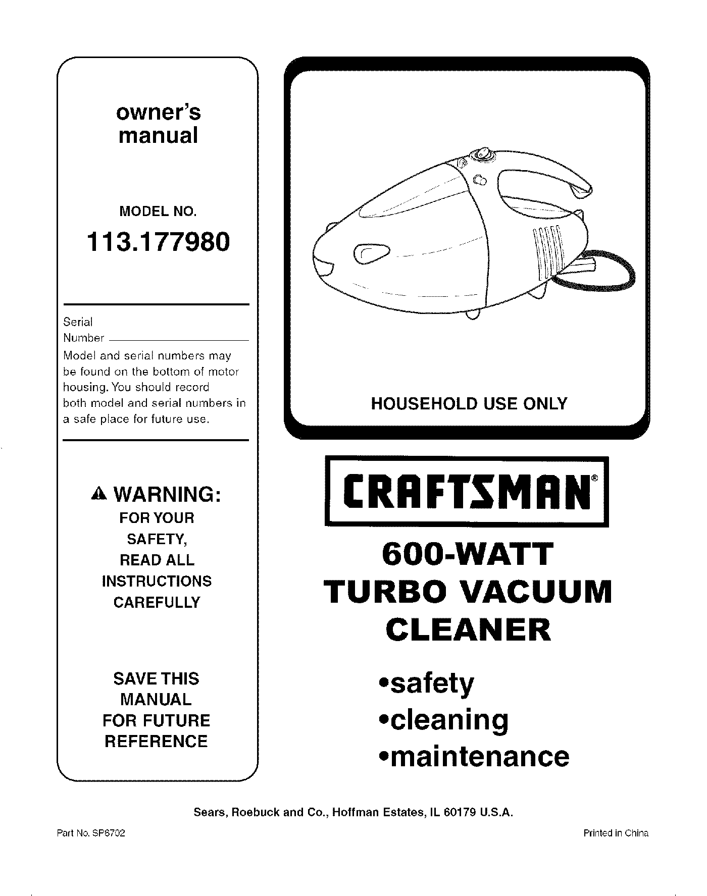 Craftsman 113.177980, 113.17798O User Manual