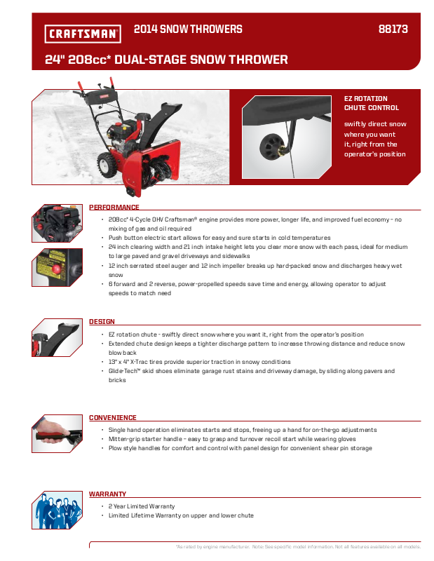 Craftsman In Cc Dual Stage Snowblower Specifications