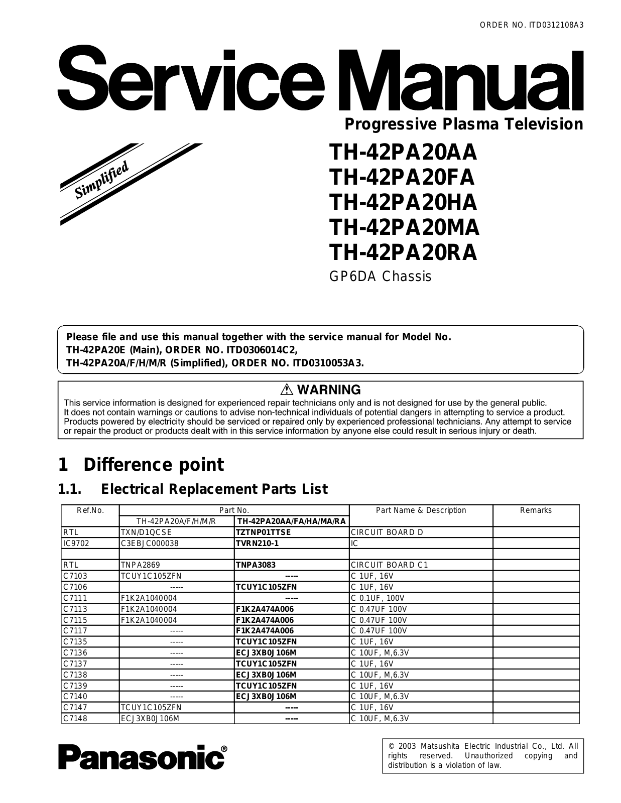 Panasonic GP6DA, TH-42PA20AA, TH-42PA20FA, TH-42PA20HA, TH-42PA20MA Service Manual