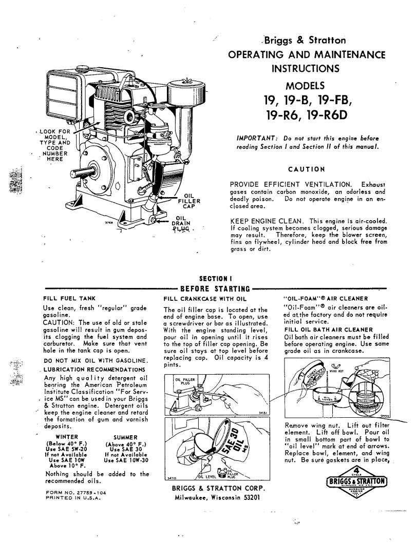 Briggs & Stratton 19-FB, 19-B, 19-R6D, 19, 19-R6 User Manual