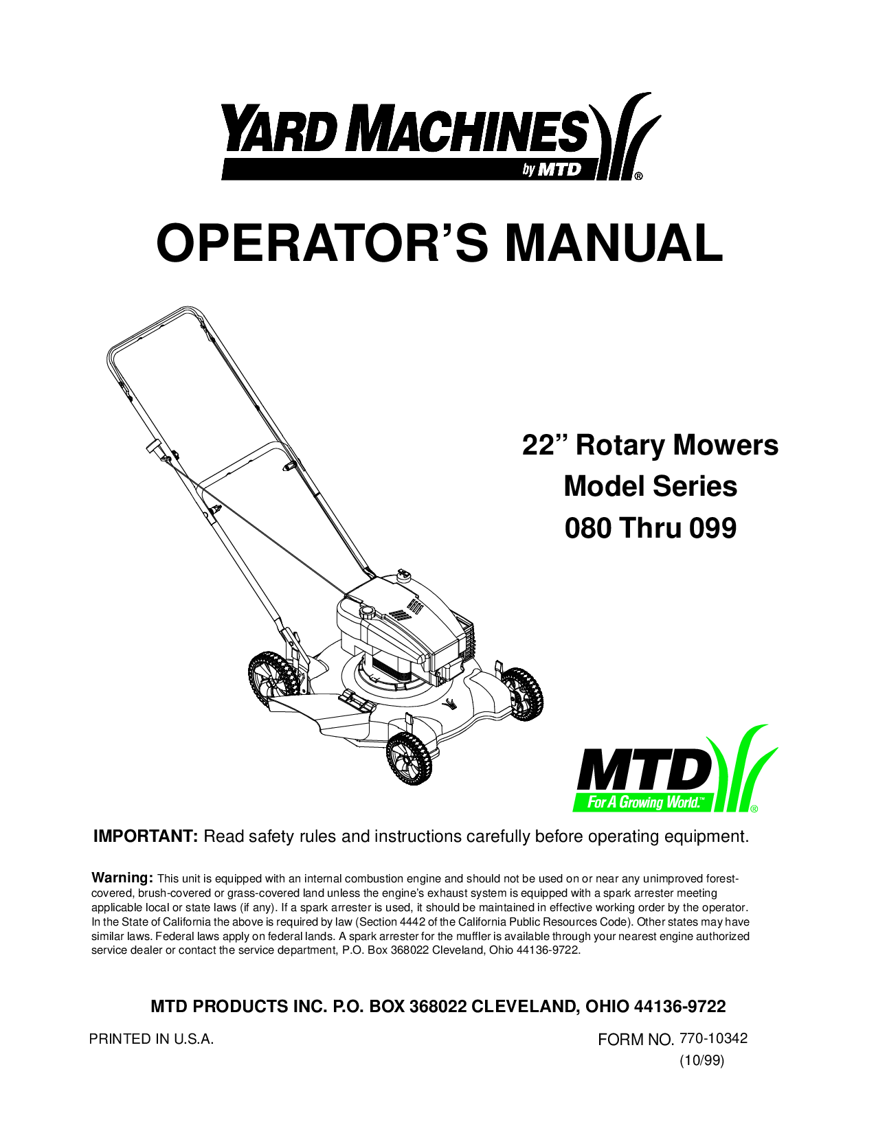 Yard Machines 98, 96, 89, 81, 86 User Manual