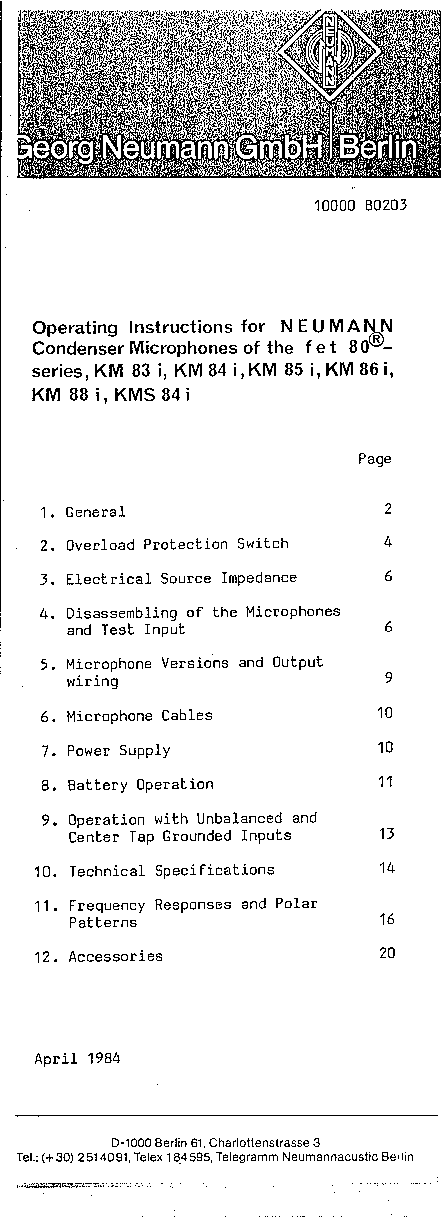 Neumann KM 88 i, KM 85 i, KM 86 i, KM 84 i, KM 83 i User Manual