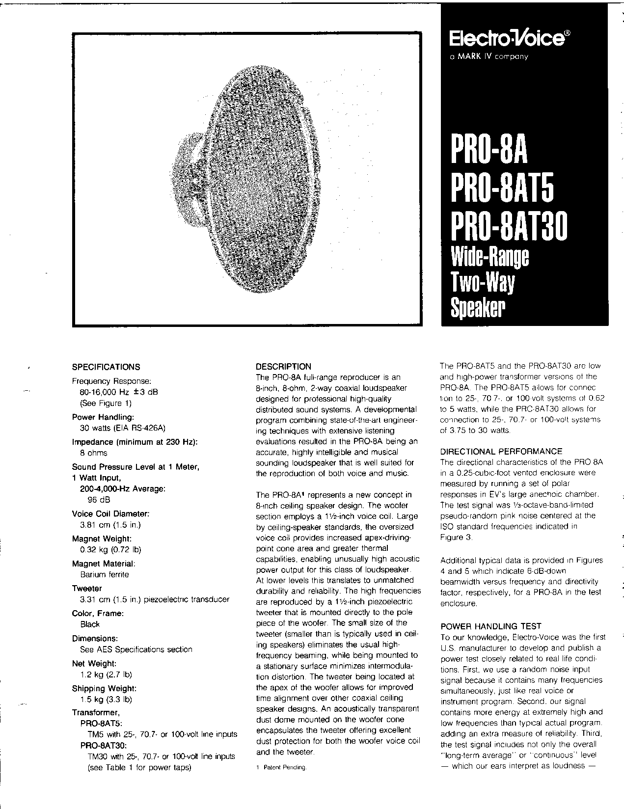 Electro-Voice PRO-8AT30, PRO-8AT5, PRO-8A User Manual