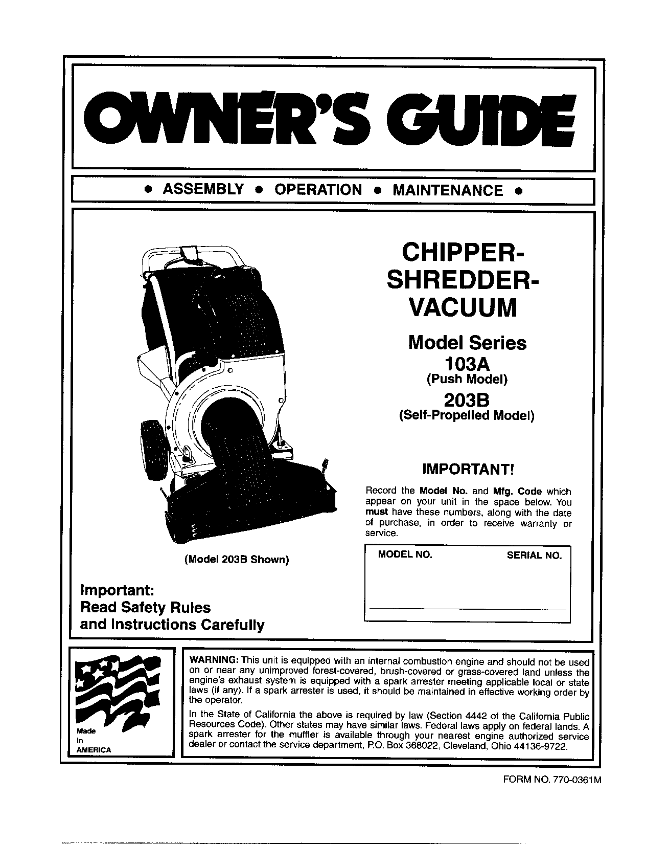 MTD Yard-Man 203b, 103A User Manual