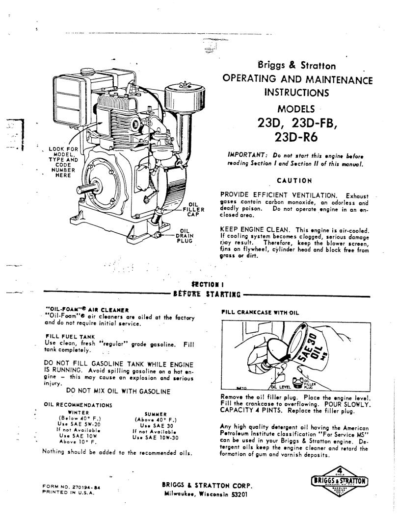 Briggs & Stratton 23D-FB, 23D-R6, 23D User Manual