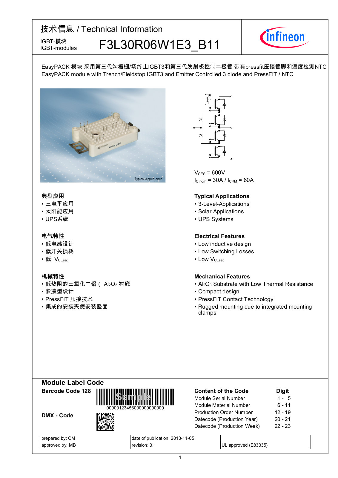 Infineon F3L30R06W1E3-B11 Data Sheet