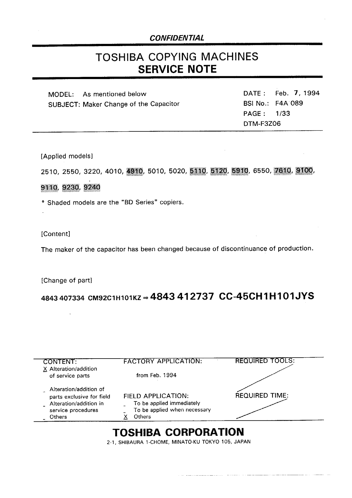 Toshiba f4a089 Service Note