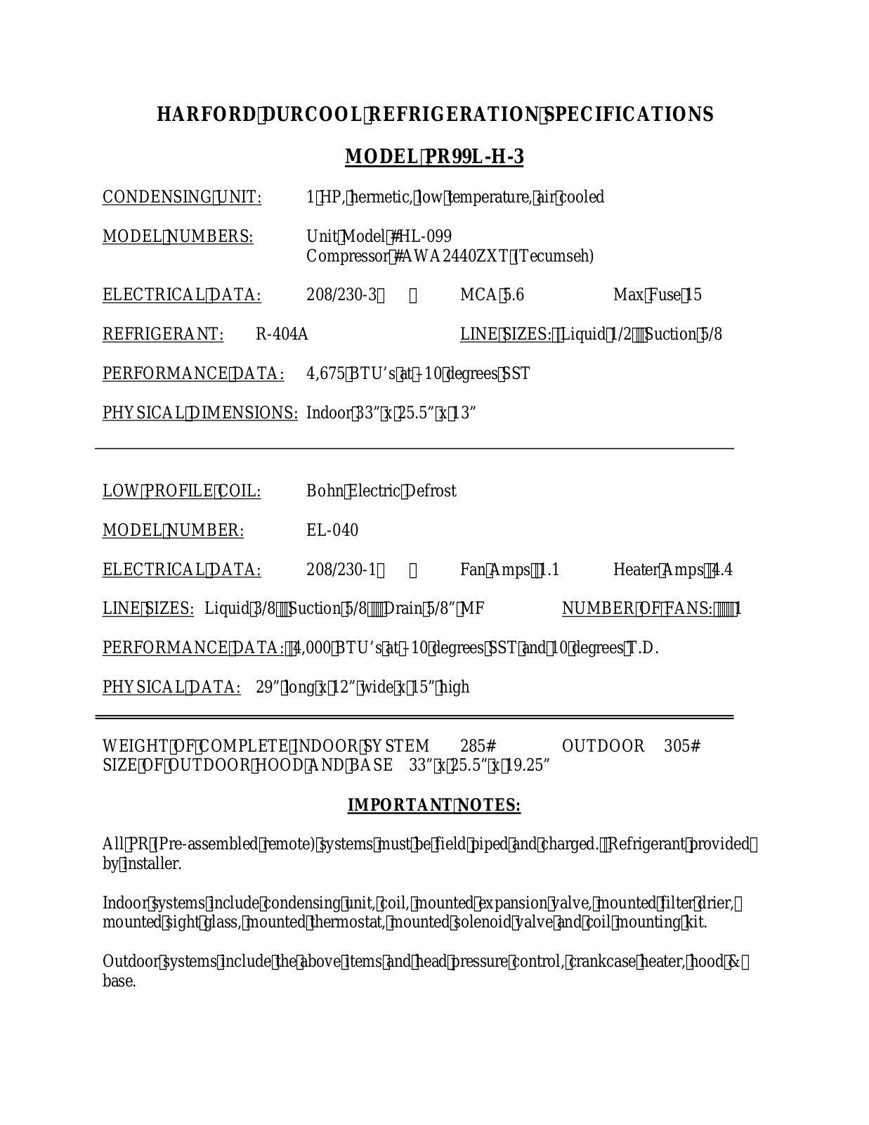 Harford PR99L-H-3 User Manual