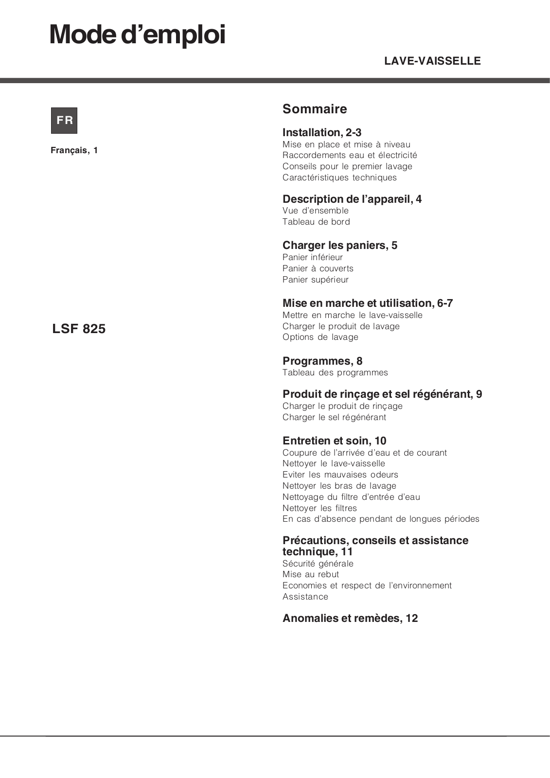 HOTPOINT LSF825FR-HA, LSF825 User Manual