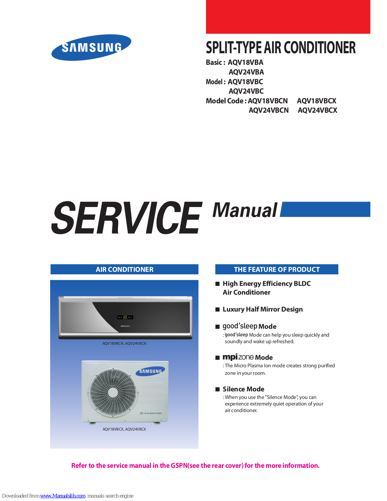 Samsung AQV18VBAAQV24VBAAQV18VBC, AQV24VBCN, AQV24VBC, AQV24VBCX, AQV18VBCN Service Manual