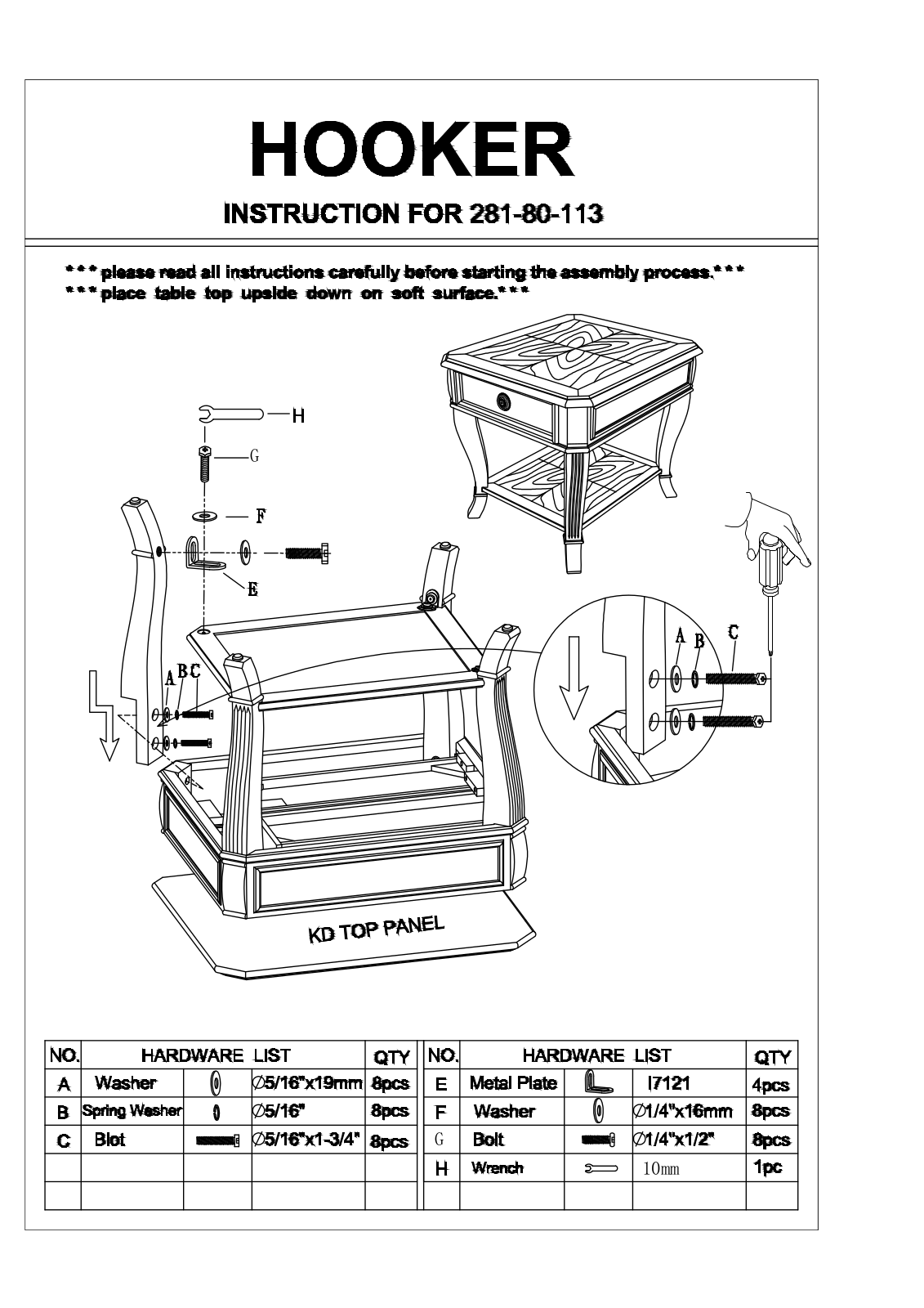 Hooker Furniture 28180113 Assembly Guide