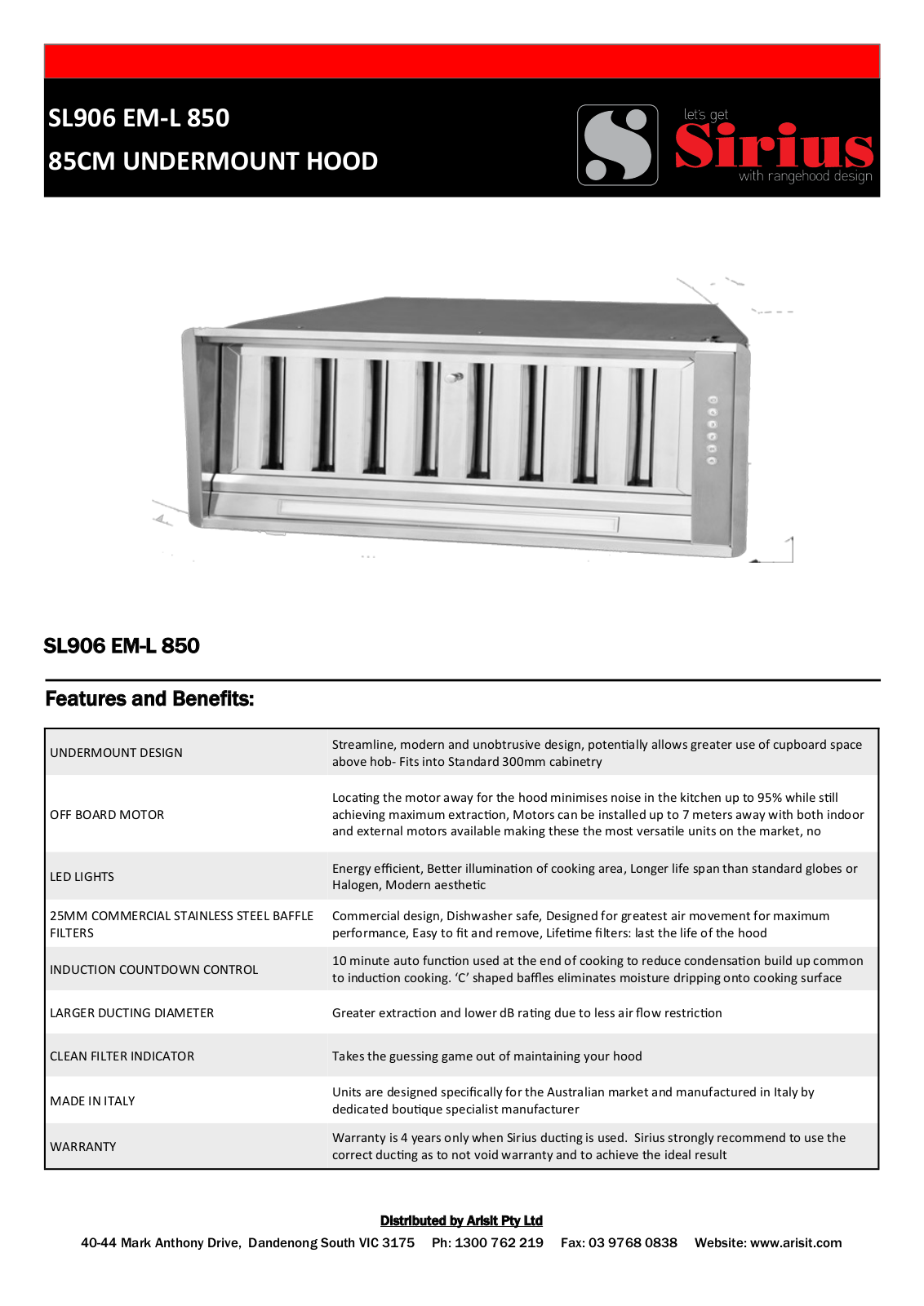 Sirius SL906EML850RSEM5XS31, SL906EML850SEM5XS316, SL906EML850RSEM2XS31, SL906EML850SEM2XS316 Specifications Sheet