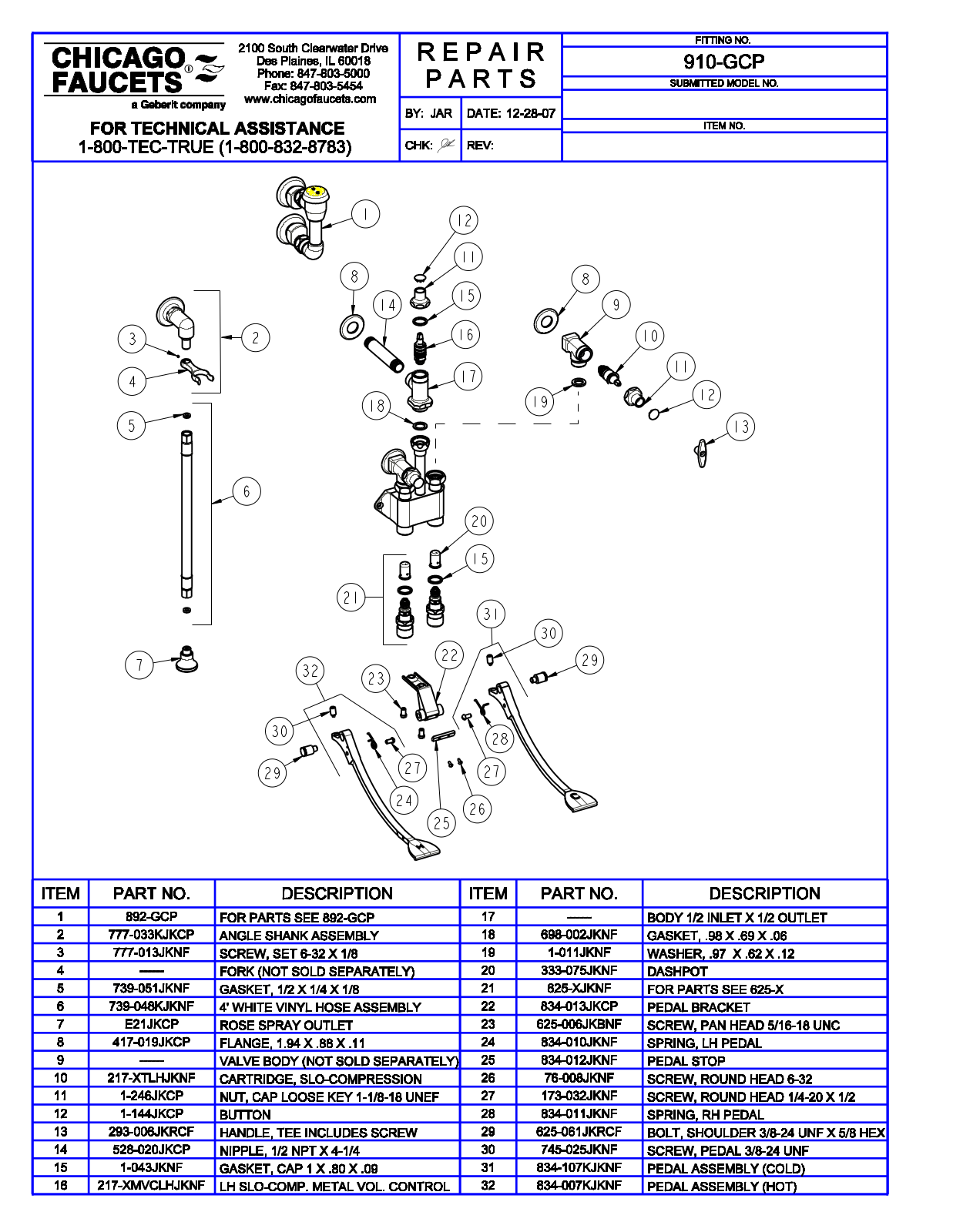 Chicago Faucet 910-G Parts List