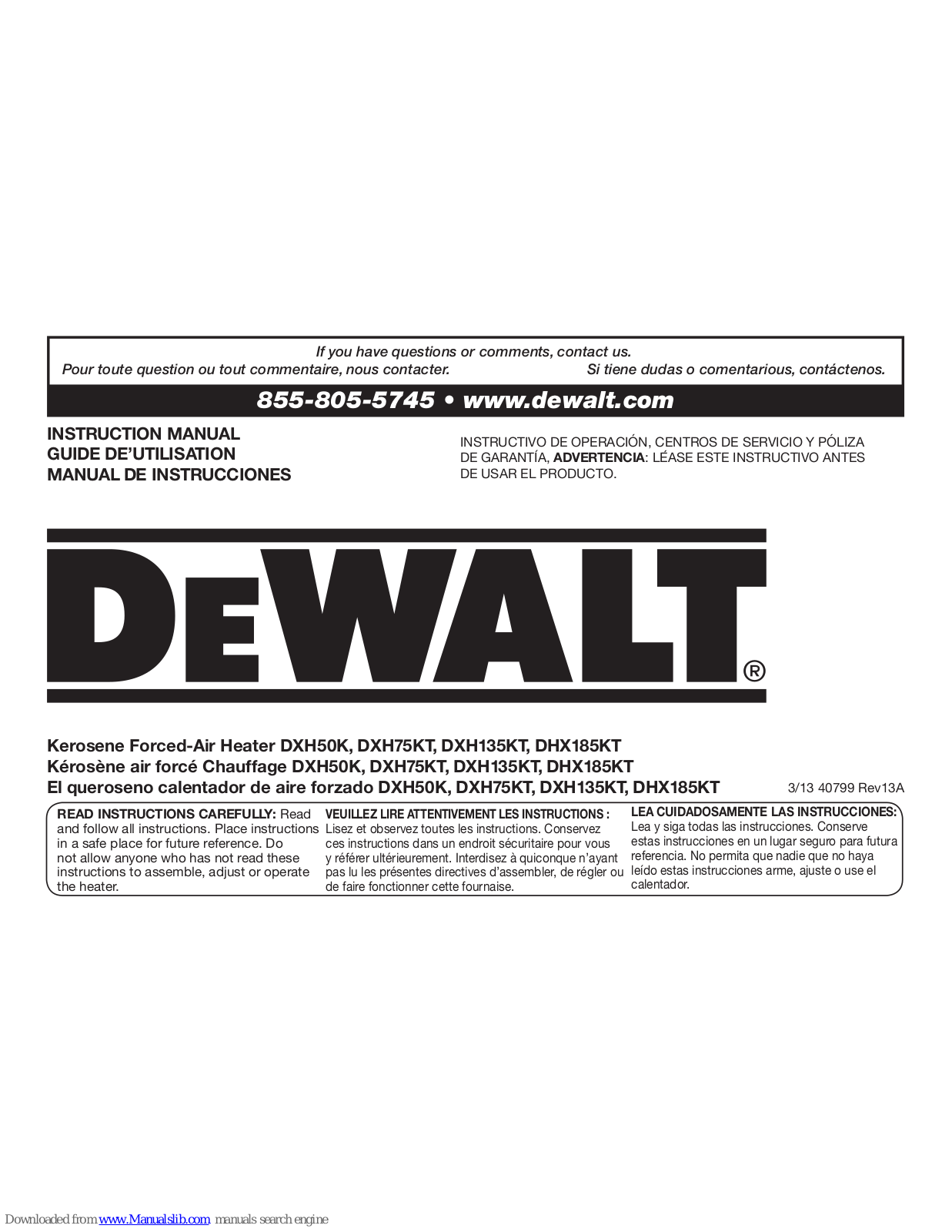 DeWalt DXH50K, DXH135KT, DXH75KT, DHX185KT Instruction Manual