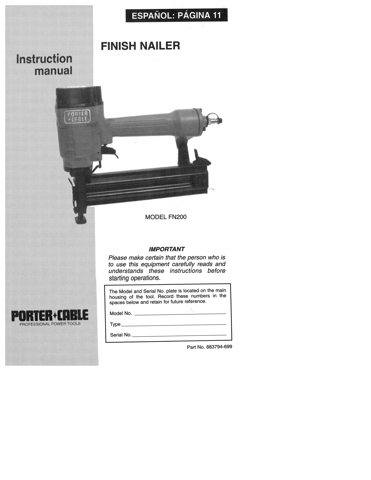 Porter-Cable FN200, 883794-699 User Manual