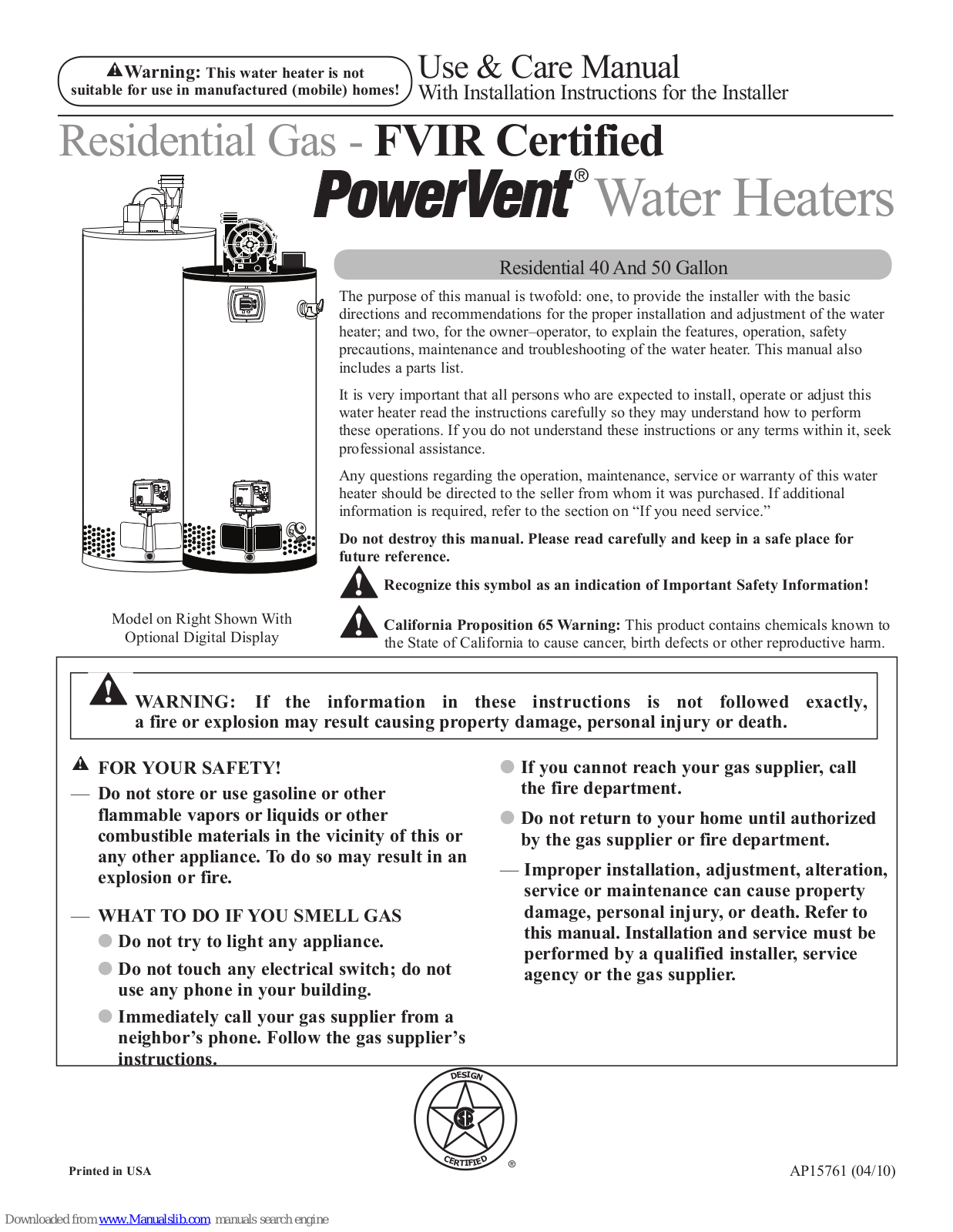 PowerVent 43VP40SE2, 43VP50SE2, 43VP40E2, 43VP40SPE2, 43VP50SPE2 Use And Care Manual