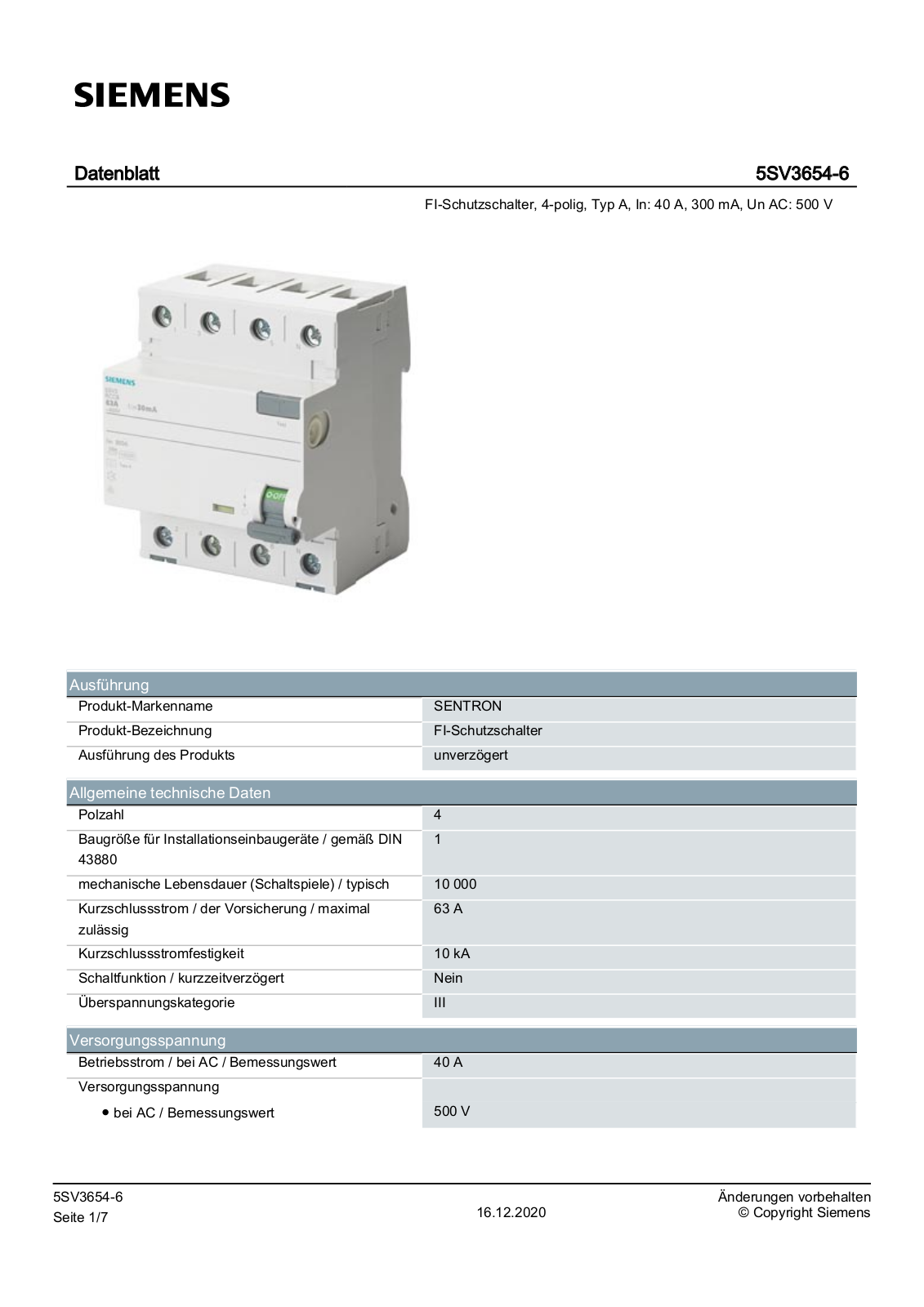 Siemens 5SV3654-6 Datenblatt