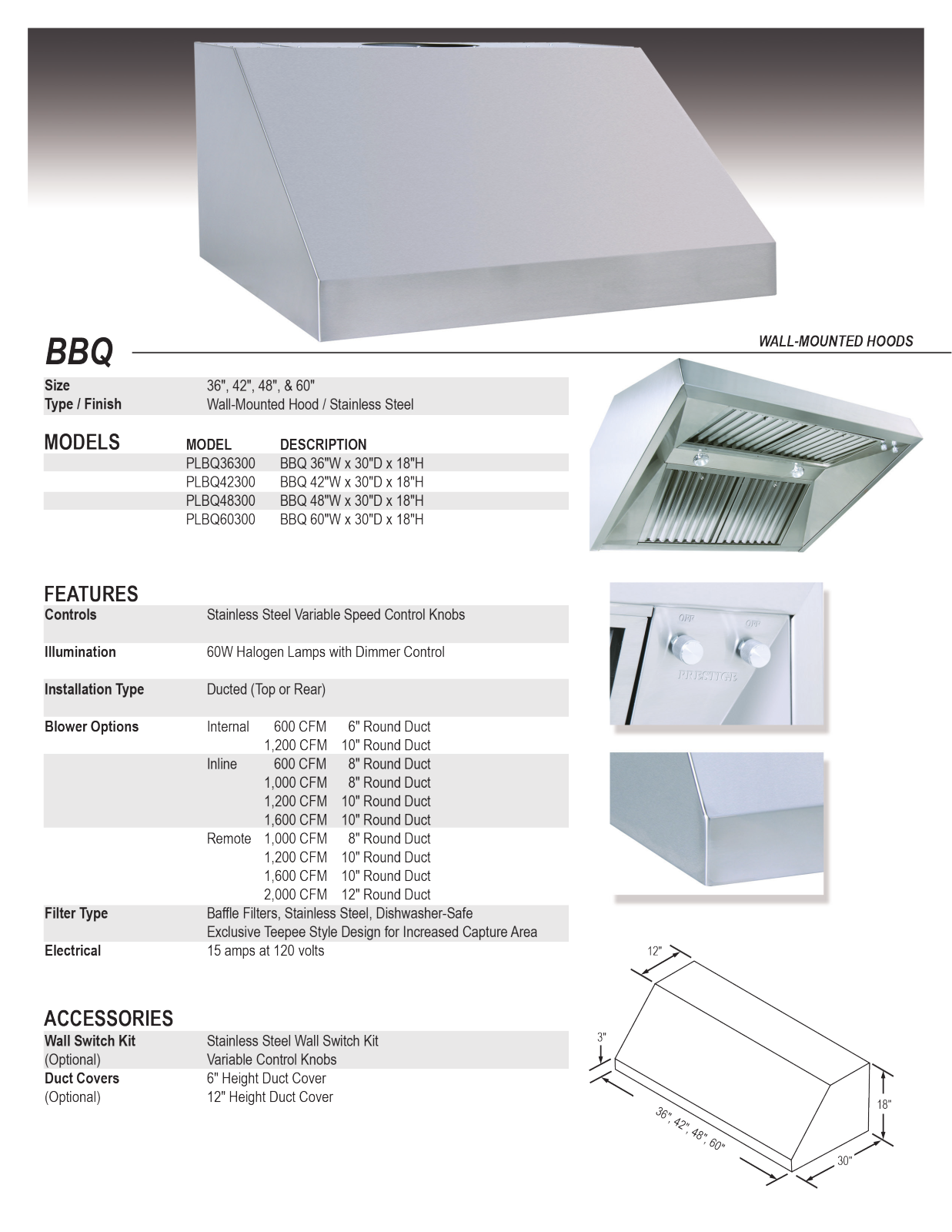 Prestige PLBQ48300, PLBQ36300 Specifications