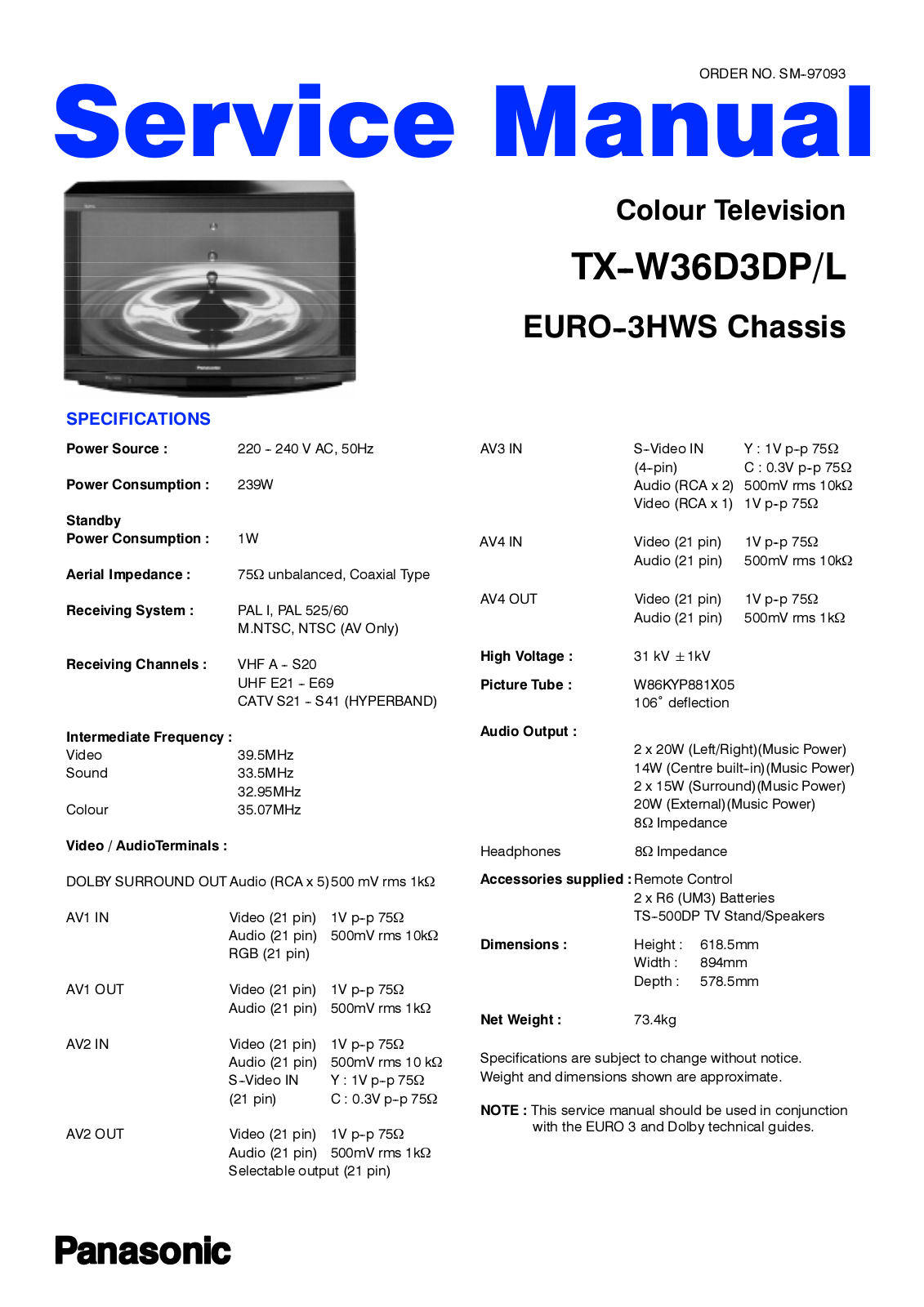 Panasonic TX-W36D3DP/L Service Manual