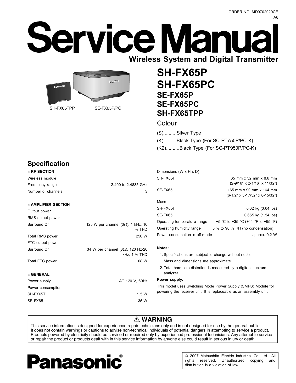 Panasonic SEFX-65-P, SEFX-65-PC, SHFX-65-P, SHFX-65-PC, SHFX-65-TPP Service manual