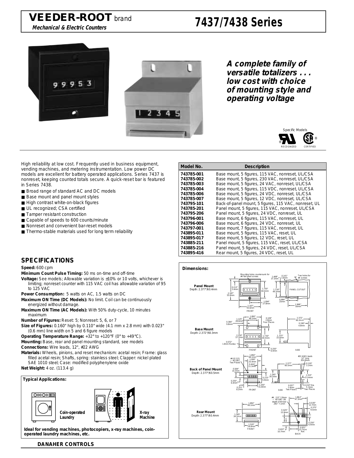 Danaher Controls 7437 Series, 7438 Series Data Sheet