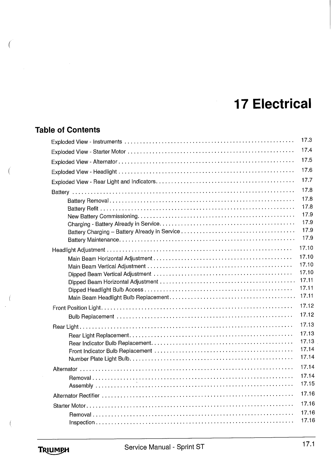 TRIUMPH Sprint St Service Repair Manual 17.1 17.24 Electrical