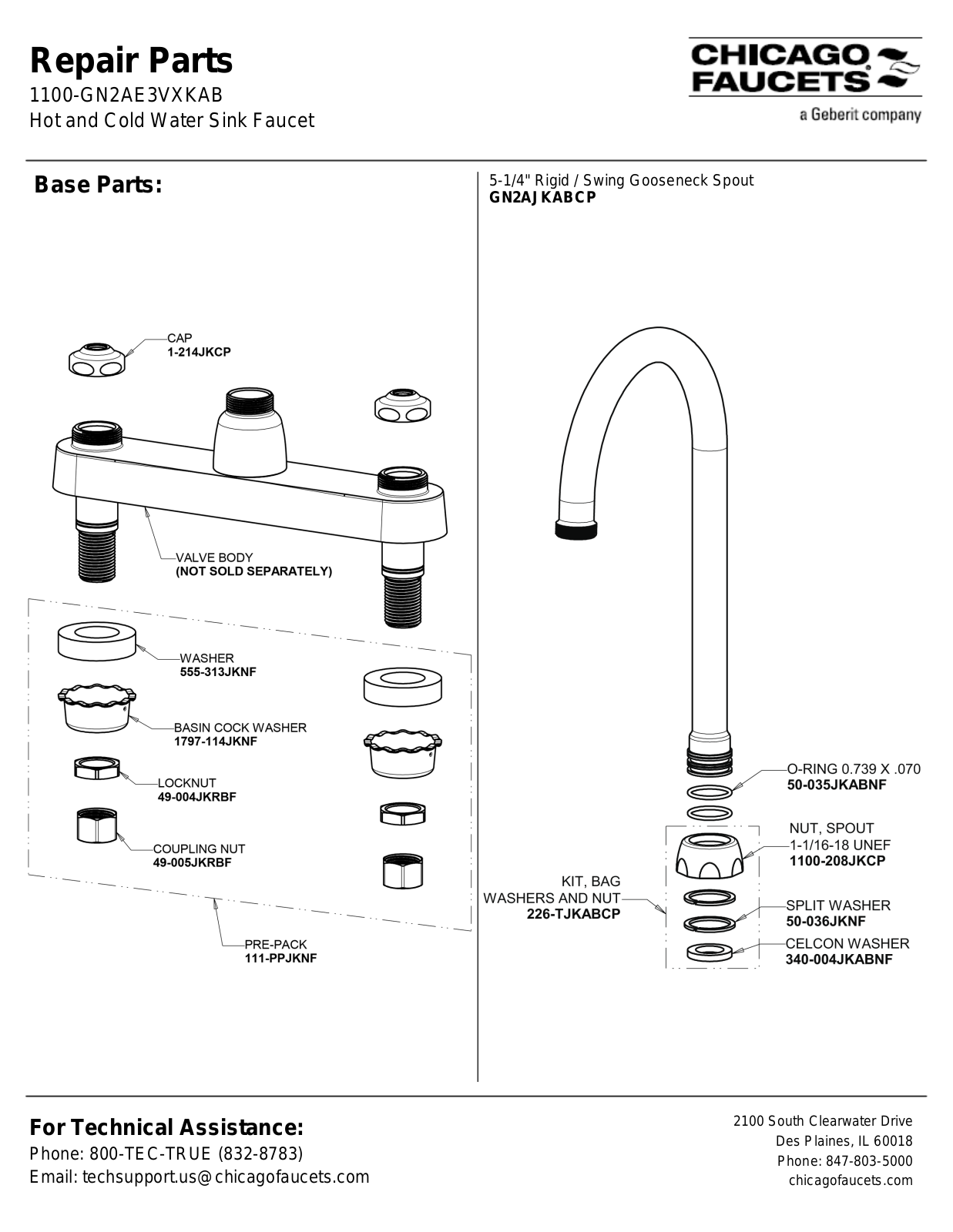 Chicago Faucet 1100-GN2AE3VXKAB Parts List